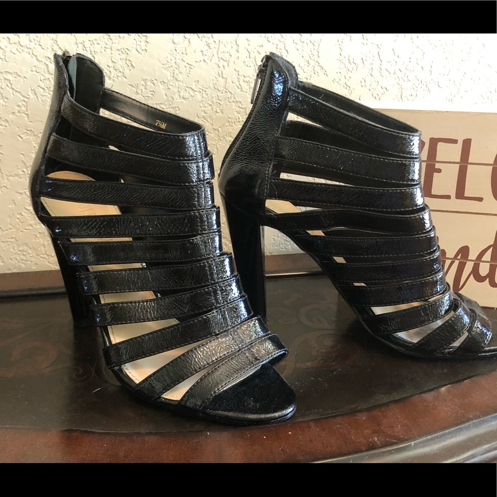 Colin Stuart Caged Black Patent Heels